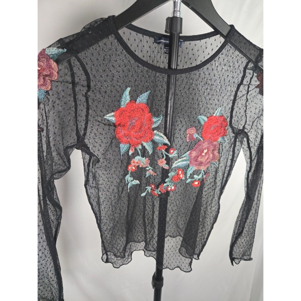 Sheer Mesh Embroidered Floral Rose Top Sz S Whimsigoth Fairy Grunge Y2K Goth - Picture 3 of 11